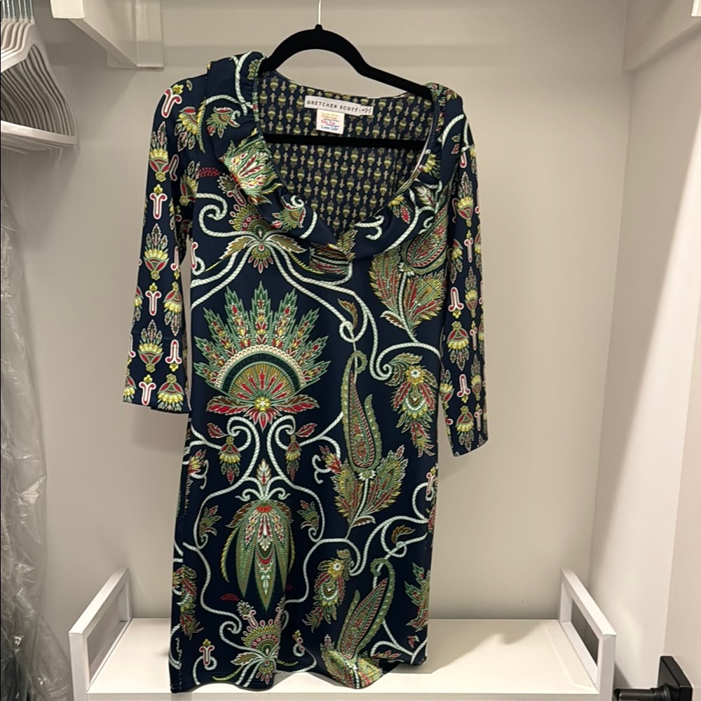 Gretchen Scott Designs Blue and Green Sheath Dress with Cowl Neck